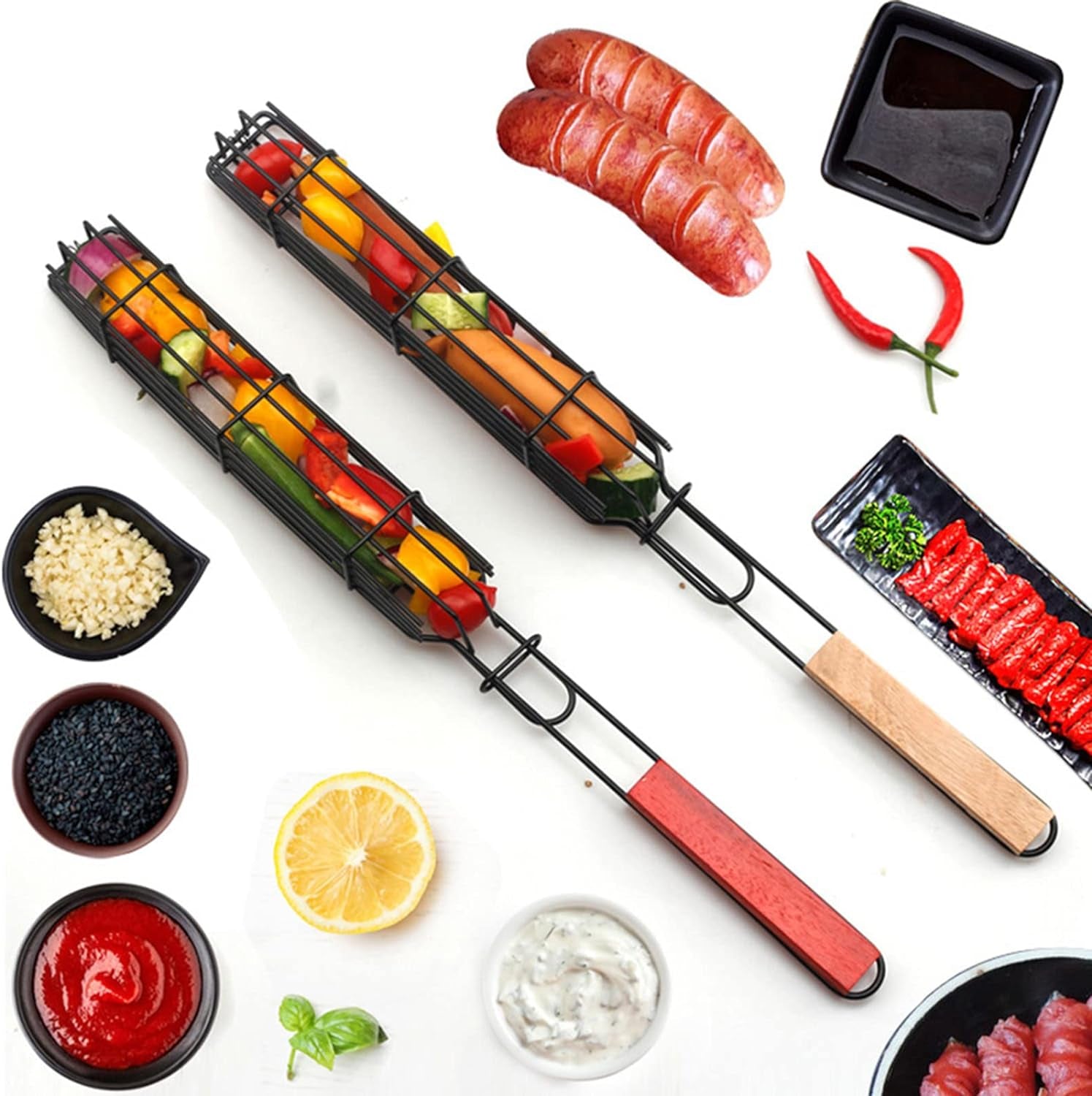 Kabob Grilling Basket Grilling Skewers Nonstick Kabob Grill Baskets Set of 6 & 6 Barbecue Skewers,Grilling & BBQ Utensils, Grill Basket for Vegetables with Handle Grilling Baskets for Outdoor Grilling