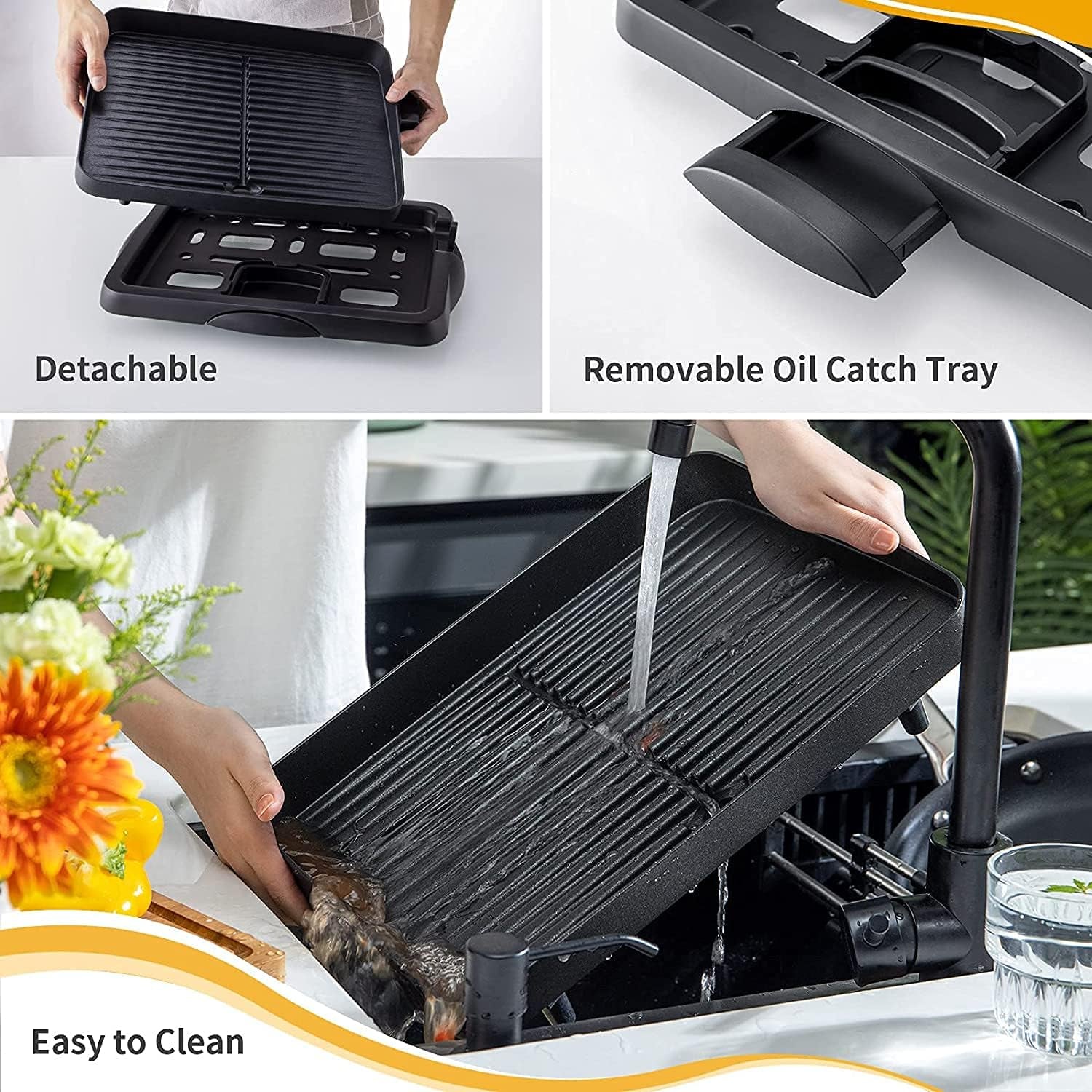 Electric Indoor Grill Korean BBQ Grill Nonstick Smokeless 1500W Detachable Contact Grilling with Smart 5-Heat Temp Controller,Family Size Fast Heat up Tabletop Plate Pfoa-Free Black
