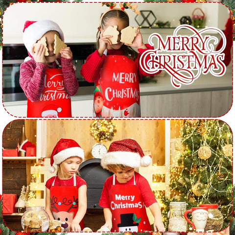 Image of 4 Sets Christmas Kids Apron and Chef Hat Boys Girls Aprons with 2 Pockets Hats Cooking Kitchen Painting Baking Wear