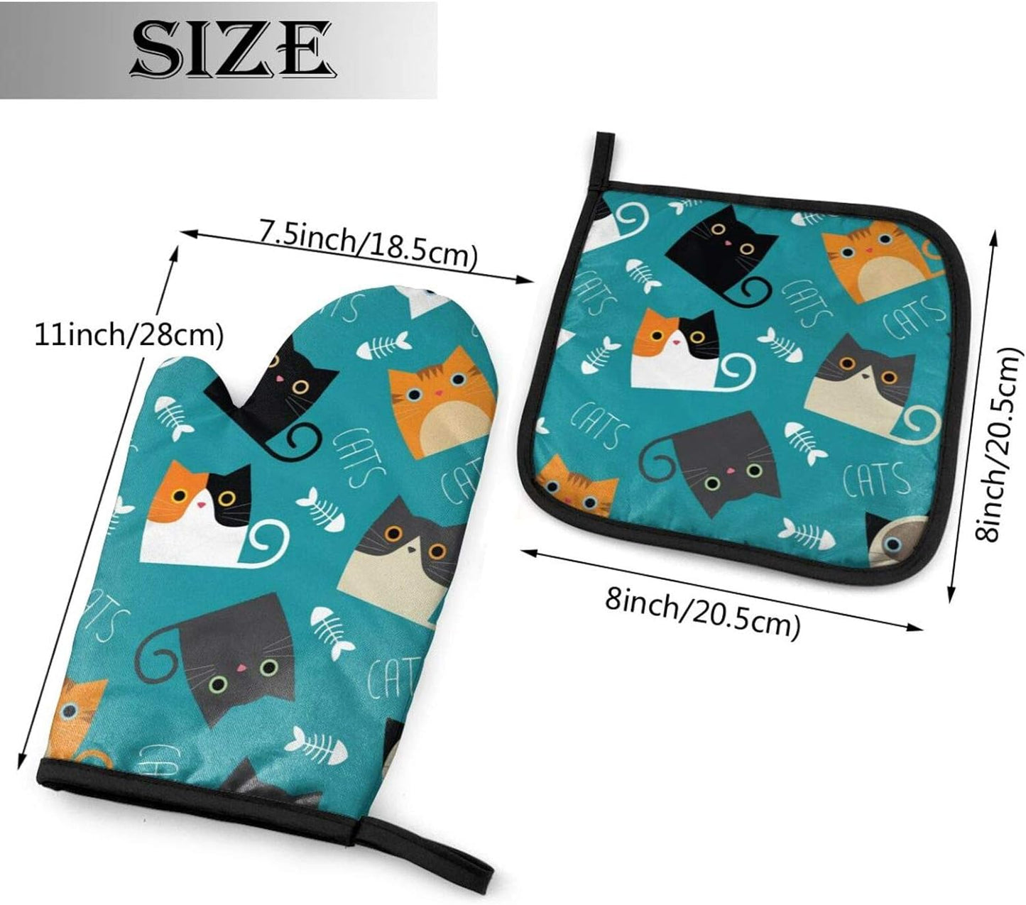 Cats Fishbone Oven Mitts and Pot Holders Set， Heat Resistant Kitchen Gloves with Inner Cotton Layer for Cooking Baking Grilling