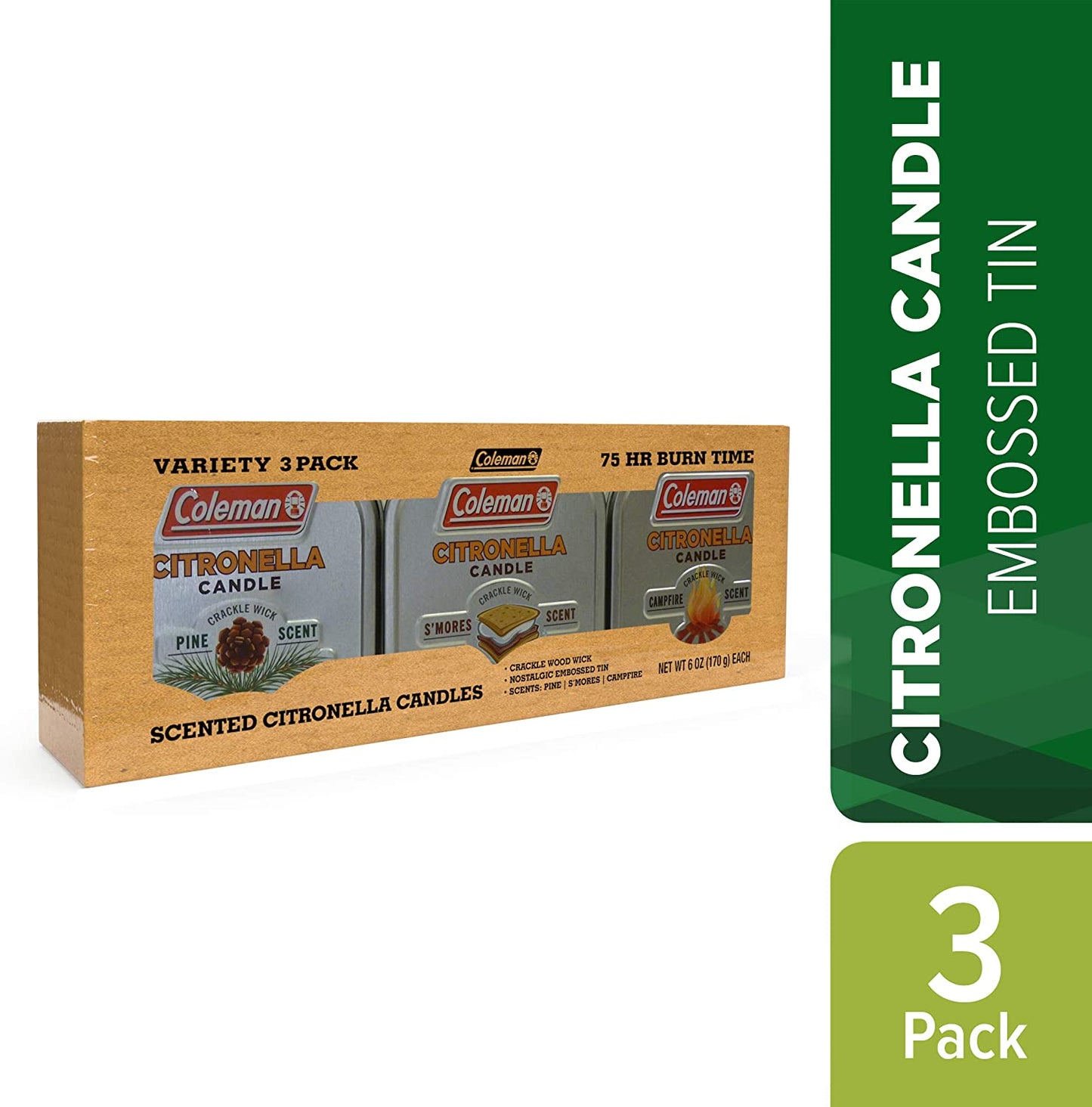 Coleman Scented Tin Citronella Candle - 3 Pack, S'Mores, Pine and Campfire