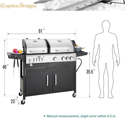 Captiva Designs Propane Gas Grill and Charcoal Grill Combo with Side Burner & Porcelain-Enameled Cast Iron Grate, Dual Fuel BBQ Grill for Outdoor Kitchen & Backyard Barbecue, 690 SQIN Cooking Area