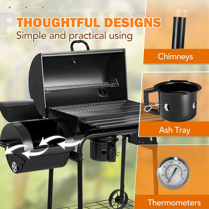 Flamaker Charcoal Grill Outdoor BBQ Grill with Side Oven & Thermometer Barbecue Grill Offset Smoker with Ash Catcher & Cover for Camping Picnics