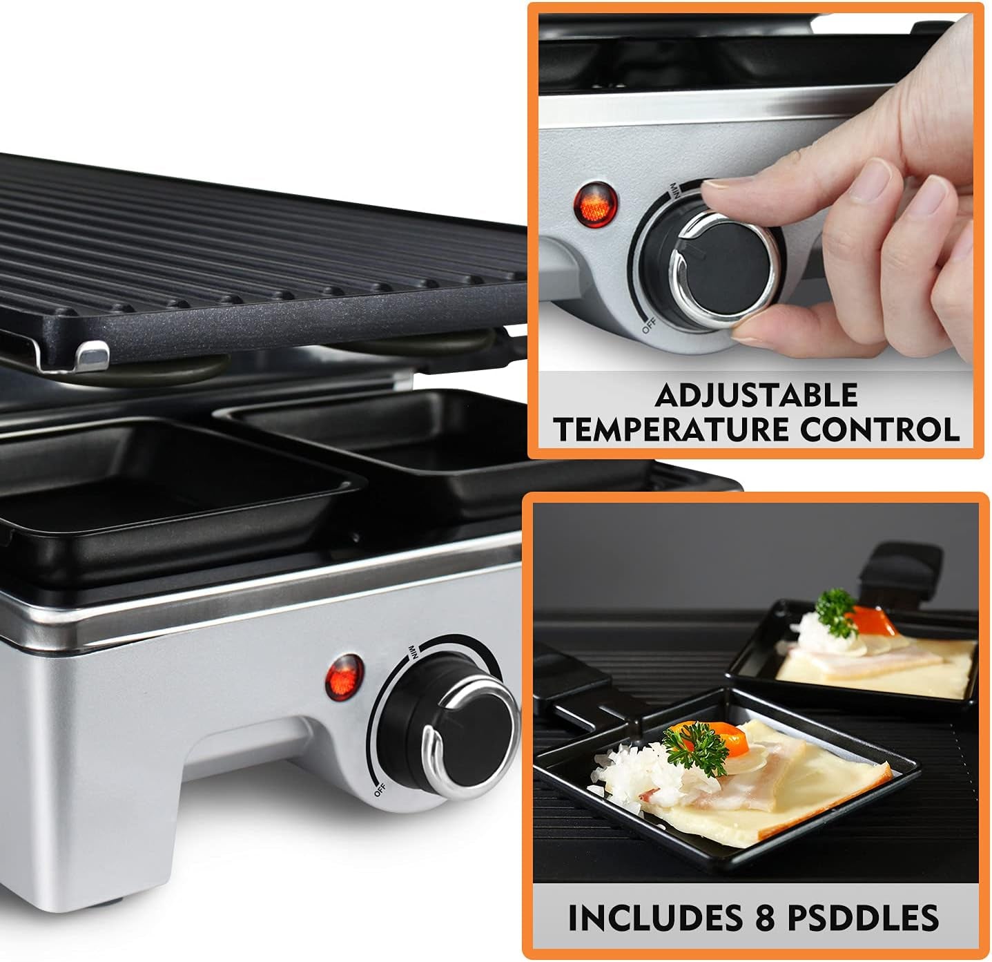 Raclette Grill,  Electric Table Indoor Grill Korean BBQ Grill, Removable 2-In-1 Non-Stick Grill Plate, 1500W Fast Heating with 8 Cheese Melt Pans, Ideal for Parties and Family Fun (Silver)