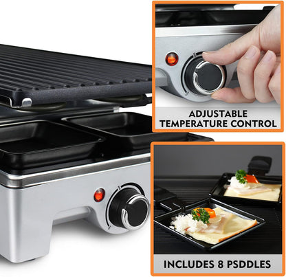 Raclette Grill,  Electric Table Indoor Grill Korean BBQ Grill, Removable 2-In-1 Non-Stick Grill Plate, 1500W Fast Heating with 8 Cheese Melt Pans, Ideal for Parties and Family Fun (Silver)