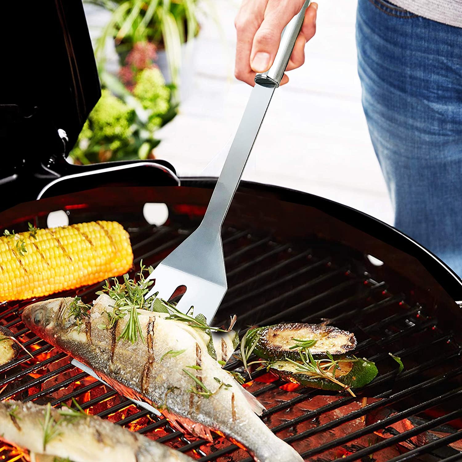 Stainless Steel BBQ Grill Tool Kit 20 PCS + Carrying Bag Set : Tong, Basting Brush, Spatula, Cleaning Brush, Meat Fork, 7 Skewers, 8 Corn Holders for Picnic Camping Cooking Grilling