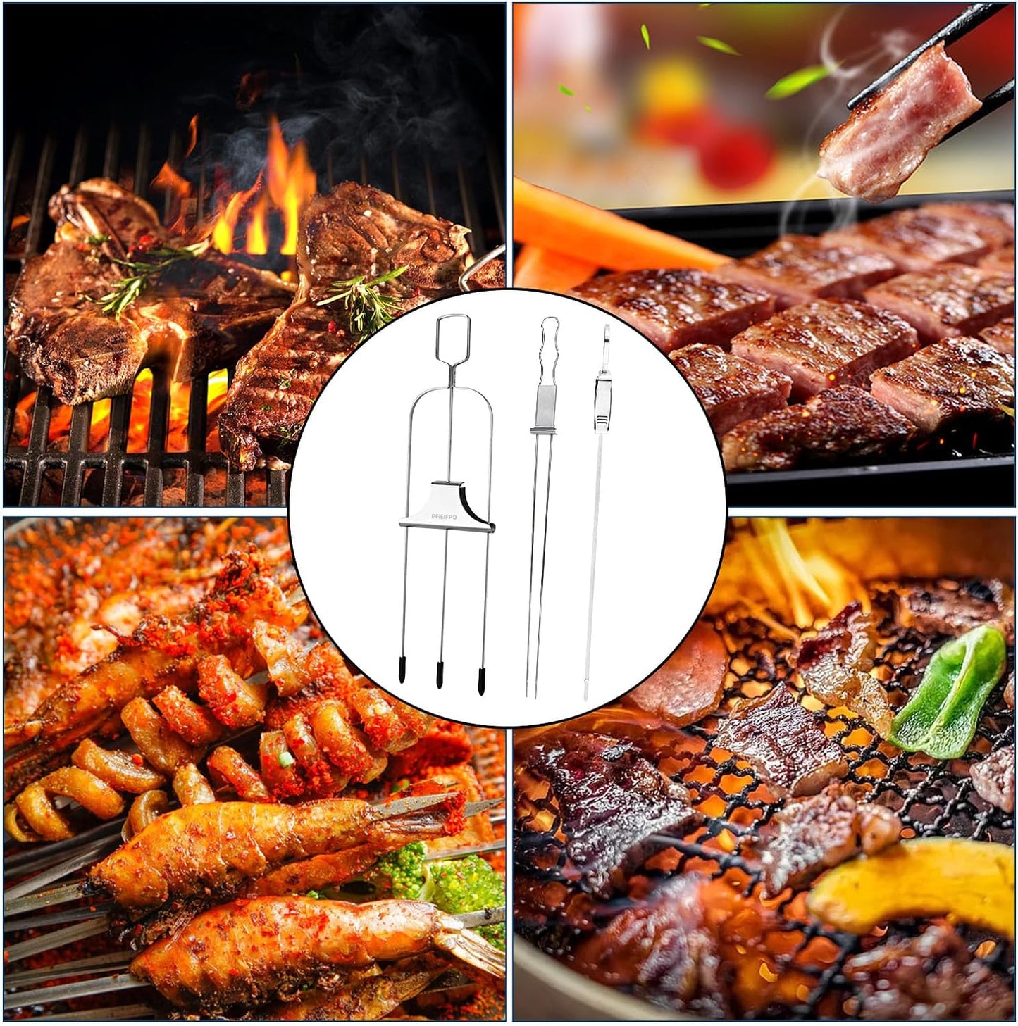 10PCS Kabob Skewers for Grilling,3,Double and Single Pronged Grilling Accessories,304 Stainless Steel Metal Skewers for Kabobs with Push Bar for Quick Release,With Storage Bag and Oil Brush