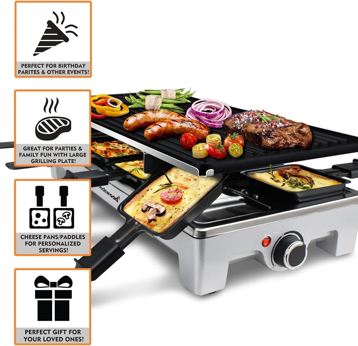 Raclette Grill,  Electric Table Indoor Grill Korean BBQ Grill, Removable 2-In-1 Non-Stick Grill Plate, 1500W Fast Heating with 8 Cheese Melt Pans, Ideal for Parties and Family Fun (Silver)