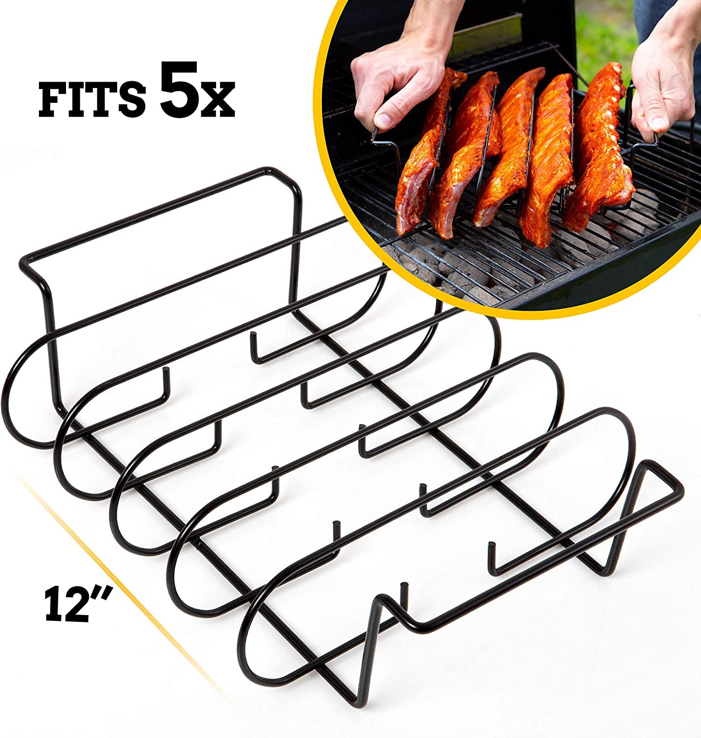 MOUNTAIN GRILLERS BBQ Rib Racks for Smoking, Gas Smoker or Charcoal Grill, Sturdy & Non Stick Standing for Gas Grill, Bbq Grill, Holds up to 5 Baby Back Ribs, Grilling & Barbecue Gifts for Men Black