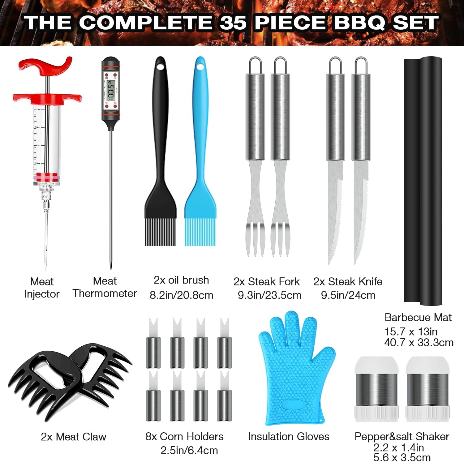 AISITIN 35PCS Grill Accessories BBQ Tools Set, Stainless Steel Grilling Kit with Thermometer, Fork, Tongs and Spatula, Meat Injector, Grill Mat - Gifts for Dad Durable, Stainless Steel Grill Tools