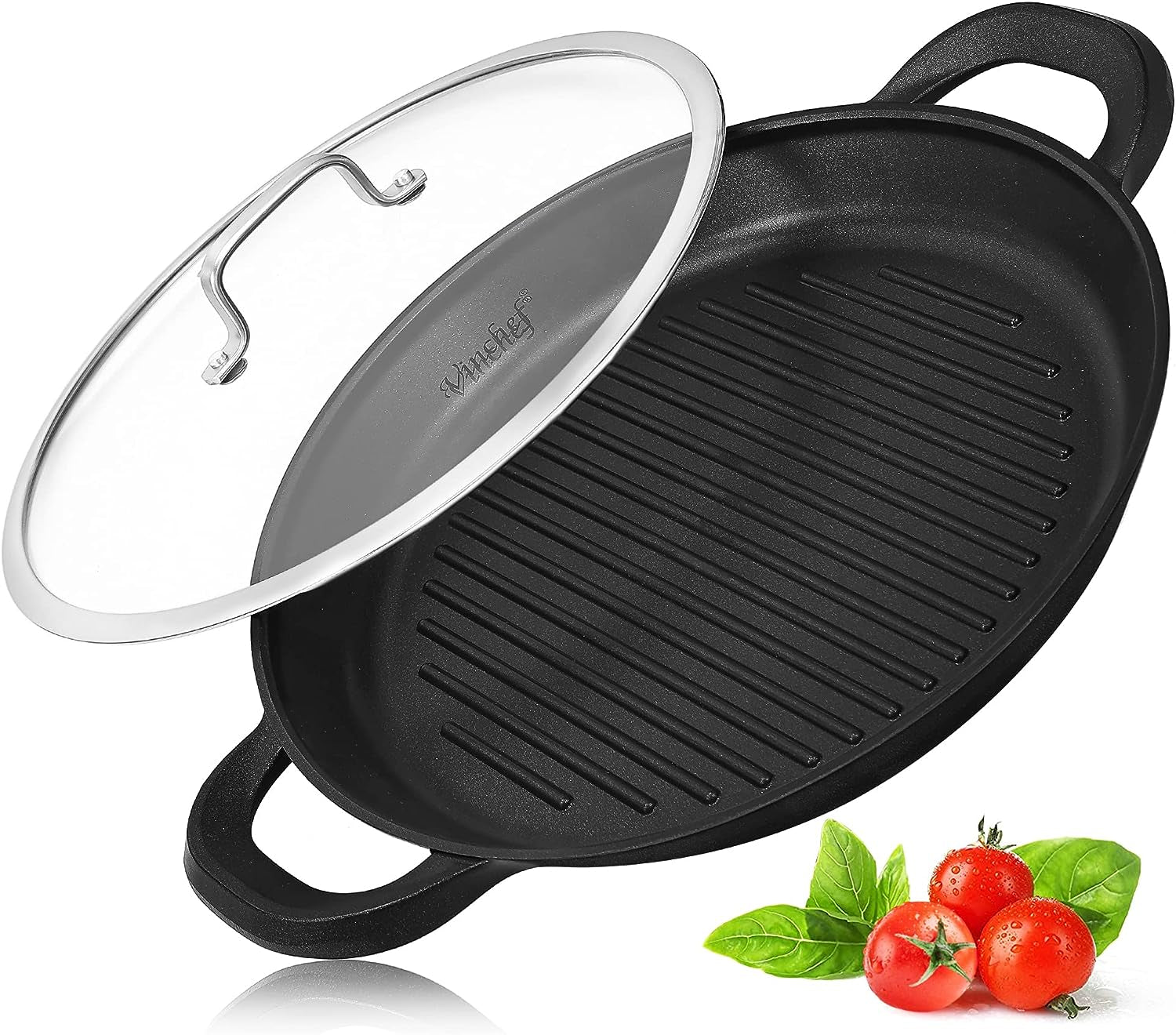 Nonstick Grill Pan for Stove Tops | 13.0" Skillet, Indoor Induction Cast-Aluminum Grill Pan with Lid and Anti-Scalding Tools, GRANITEC Nonstick Coating, Dishwasher & Oven Safe