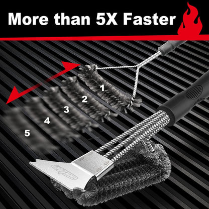 Grill Brush and Scraper, Extra Strong BBQ Cleaner Accessories, Safe Wire Bristles 18" Barbecue Triple Scrubbers Cleaning Brush for Gas/Charcoal Grilling Grates, Wizard Tool BR-8115