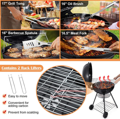 22-Inch Charcoal Kettle Grill Set of 12, Hasteel 2 Layer Grilling Racks Outdoor BBQ Grill, Heavy Duty Large Enameled Grills with Grilling Accessories for Camping Backyard Picnic, Barbecue Spatula