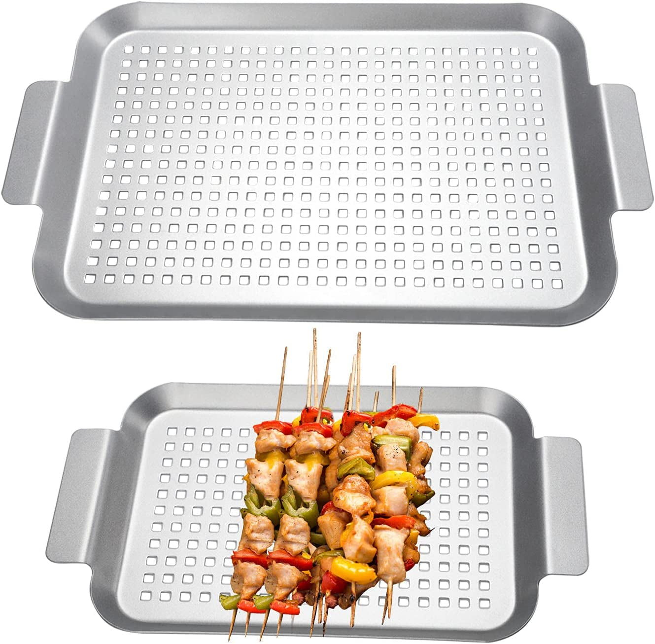 Grill Basket Set of 2 - Nonstick Grilling Tray Durable Grill Pans with Holes for Outdoor Grill Small and Big Topper Baskets BBQ Accessories for Vegetable, Fish, Meat, Seafood 11"X7" & 14"X10"