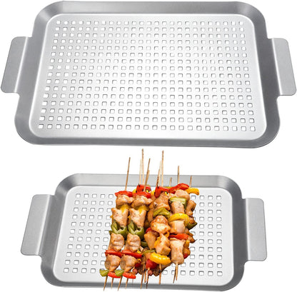 Grill Basket Set of 2 - Nonstick Grilling Tray Durable Grill Pans with Holes for Outdoor Grill Small and Big Topper Baskets BBQ Accessories for Vegetable, Fish, Meat, Seafood 11"X7" & 14"X10"