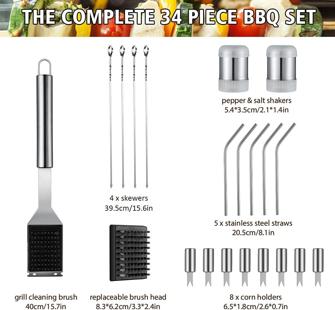 34PCS BBQ Grill Tools Set Stainless Steel Grilling Accessories with Spatula, Tongs, Skewers for Barbecue, Camping, Kitchen, Complete Premium Grill Utensils Set in Storage Bag, Silver, (BTS-34)