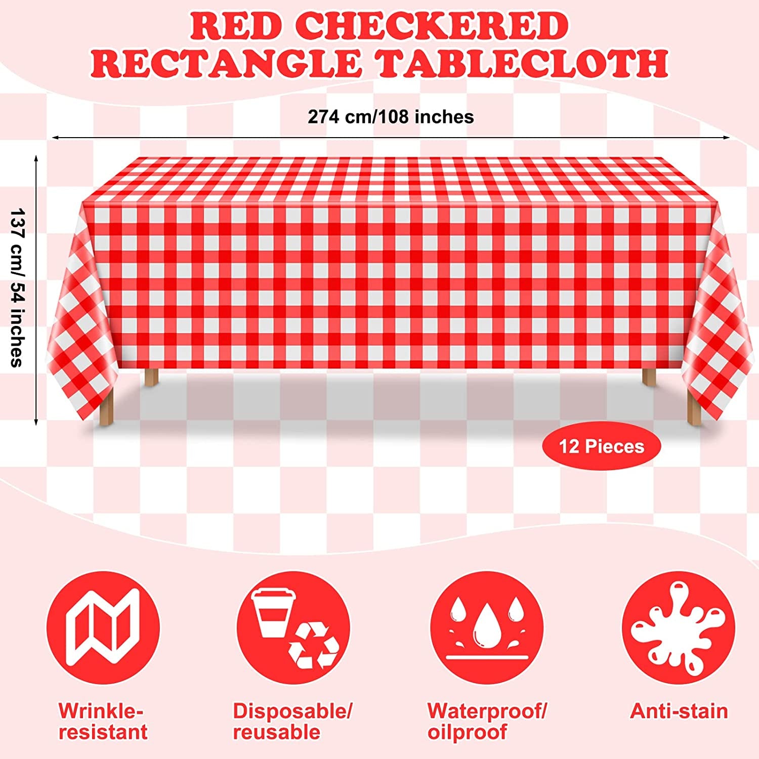 Chumia 12 Pieces Plastic Checked Picnic Tablecloth Rectangle Disposable Gingham Table Cloth 54 X 108 Inch 8 Foot Waterproof Camping Table Covers for Barbecue Holiday Birthday Parties (Red Checkered)