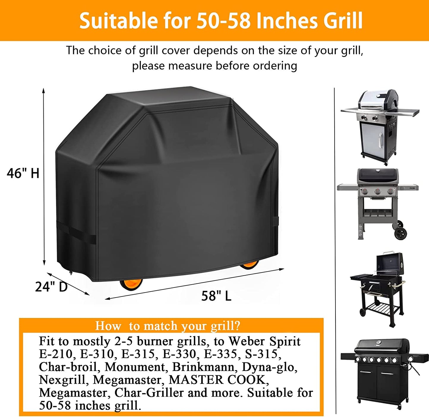 Aoretic Grill Cover, 58Inch BBQ Gas Grill Cover, Waterproof,Anti-Uv Material with Hook-And-Loop and Adjustable Rope for Weber Char-Broil Monument, Brinkmann Dyna-Glo Nexgrill Megamaster MASTERCOOK