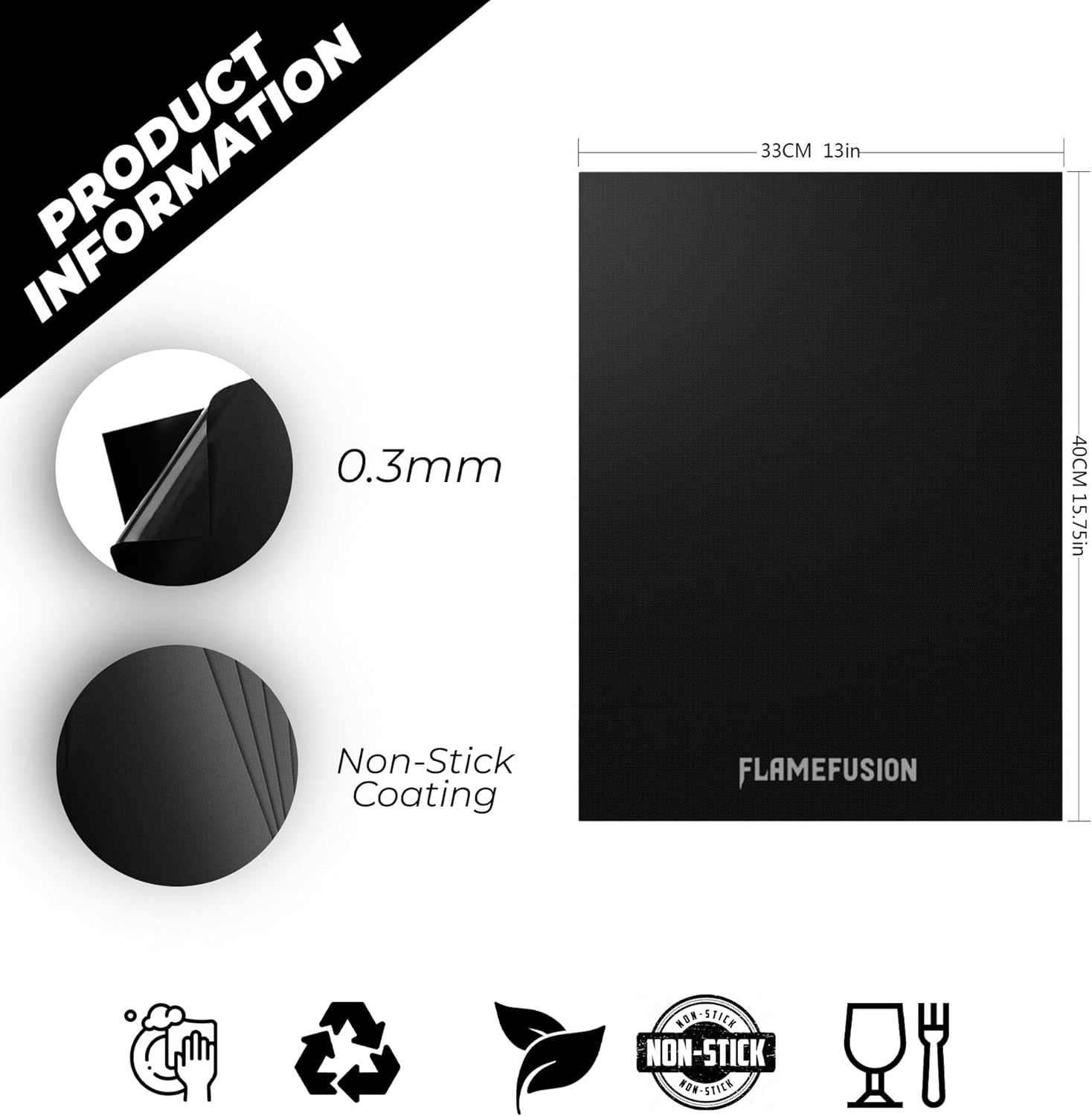 Flamefusion Grill Mat - Heavy Duty 600 Degree BBQ Grill Mat for Outdoor Grilling (Set of 5) | Extended Warranty