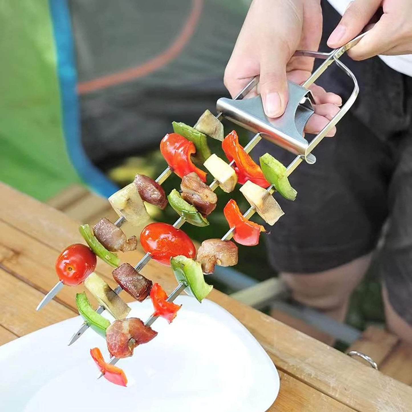 Anyuecoco Skewers for Kabobs,14 Inch 3-Prong Kabob Skewers for Grilling,Stainless Steel Skewer,With Push Bar Reusable Metal Skewer,Kabob Sticks,Perfect for Meat,Chicken,Sausages,Veggies,Shrimp (2 Pcs)