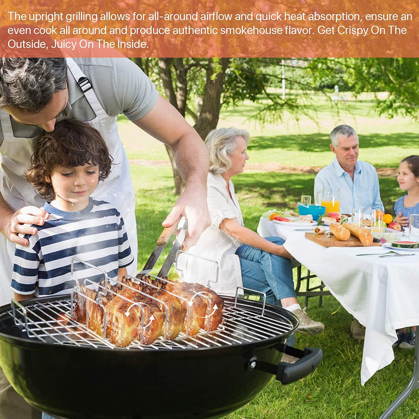 Durable Stainless Steel Rib Rack with a Silicone Oil Brush, BBQ Stand with 2 Handle for Smoker,Oven and Grill, Cook up to 5 Ribs at a Time