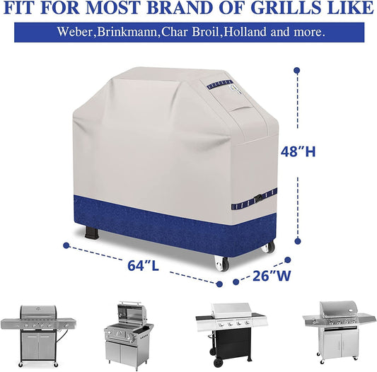 Grill Cover BBQ Grill Cover 600D Waterproof Heavy Duty Gas Grill Cover, UV & Dust & Rip-Proof, Barbecue Grill Covers for Weber, Brinkmann, Char Broil Grills (64" L X 26" W X 48" H Fog/Navy)
