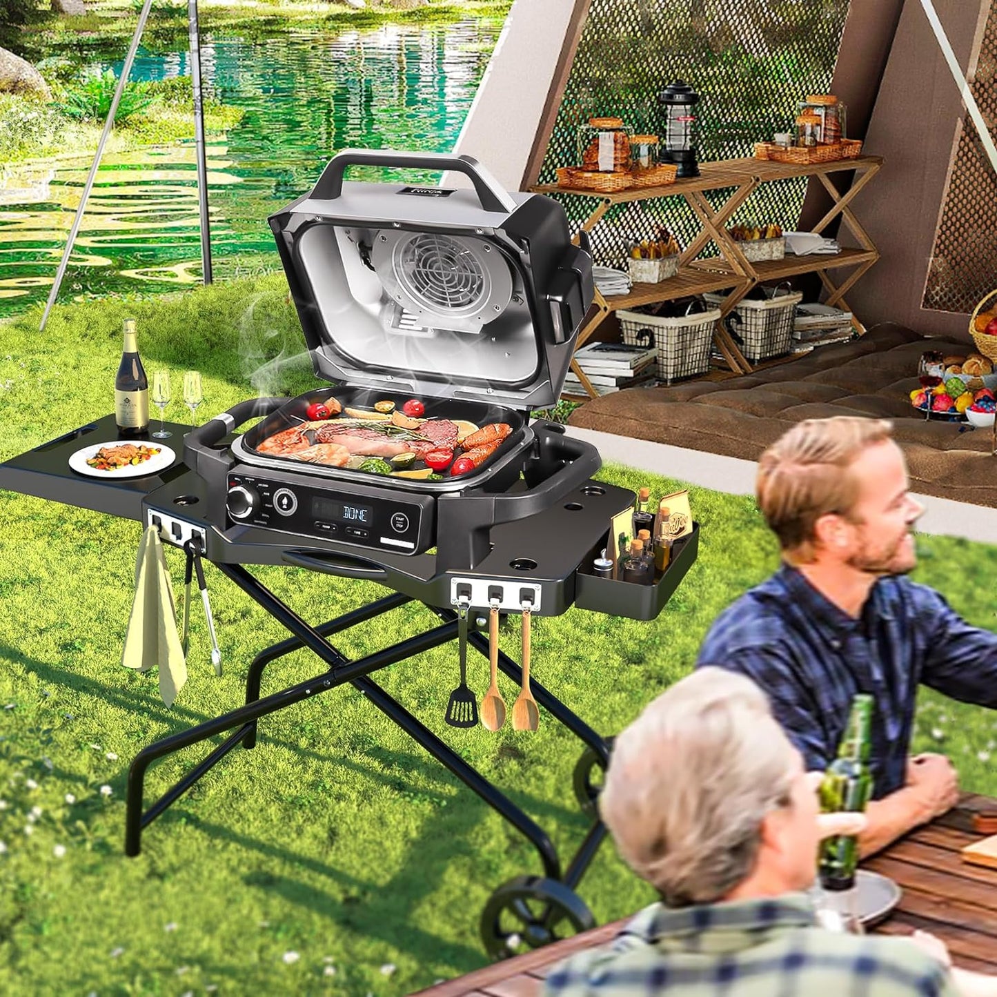 Portable Grill Cart for Ninja Woodfire Grill OG700 Series, Folding Outdoor Grill Stand for Ninja OG701, Pit Boss 10697/10724, 22" Blackstone,Traeger Ranger Griddle with Table Shelf and Basket