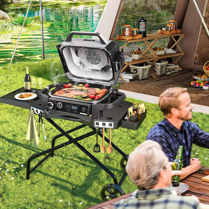 Portable Grill Cart for Ninja Woodfire Grill OG700 Series, Folding Outdoor Grill Stand for Ninja OG701, Pit Boss 10697/10724, 22" Blackstone,Traeger Ranger Griddle with Table Shelf and Basket