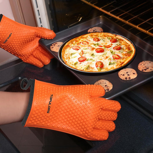 Silicone Gloves Oven Mitts Heat Resistant BBQ Smoker Grill Gloves Handle Hot Food Pulled Pork Gloves for Cooking Baking Grilling Barbecue Potholder Five Finger Gloves with Inner Cotton Layer - Orange