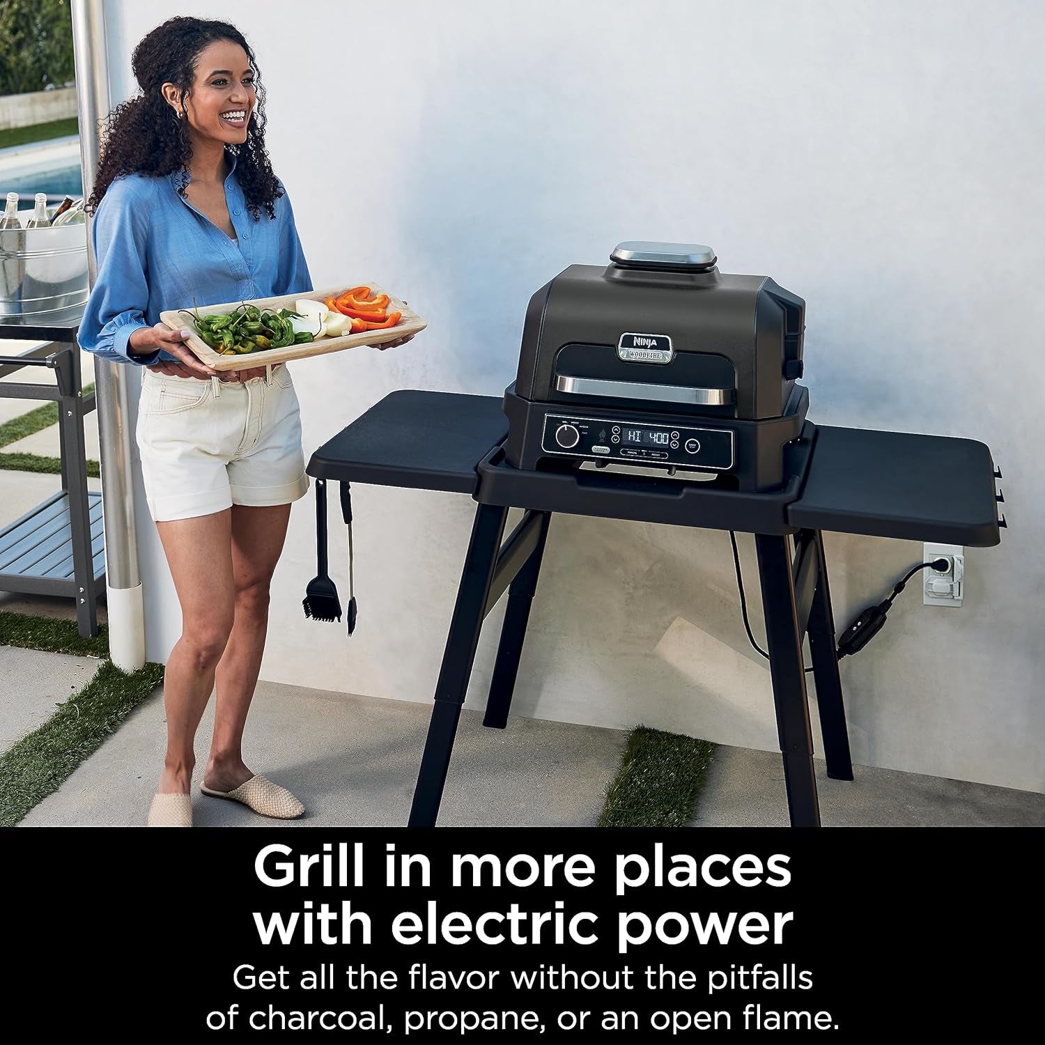 OG850 Woodfire Pro XL Outdoor Grill & Smoker with Built-In Thermometer, 4-In-1 Master Grill, BBQ Smoker, Outdoor Air Fryer, Bake, Portable, Electric, Blue