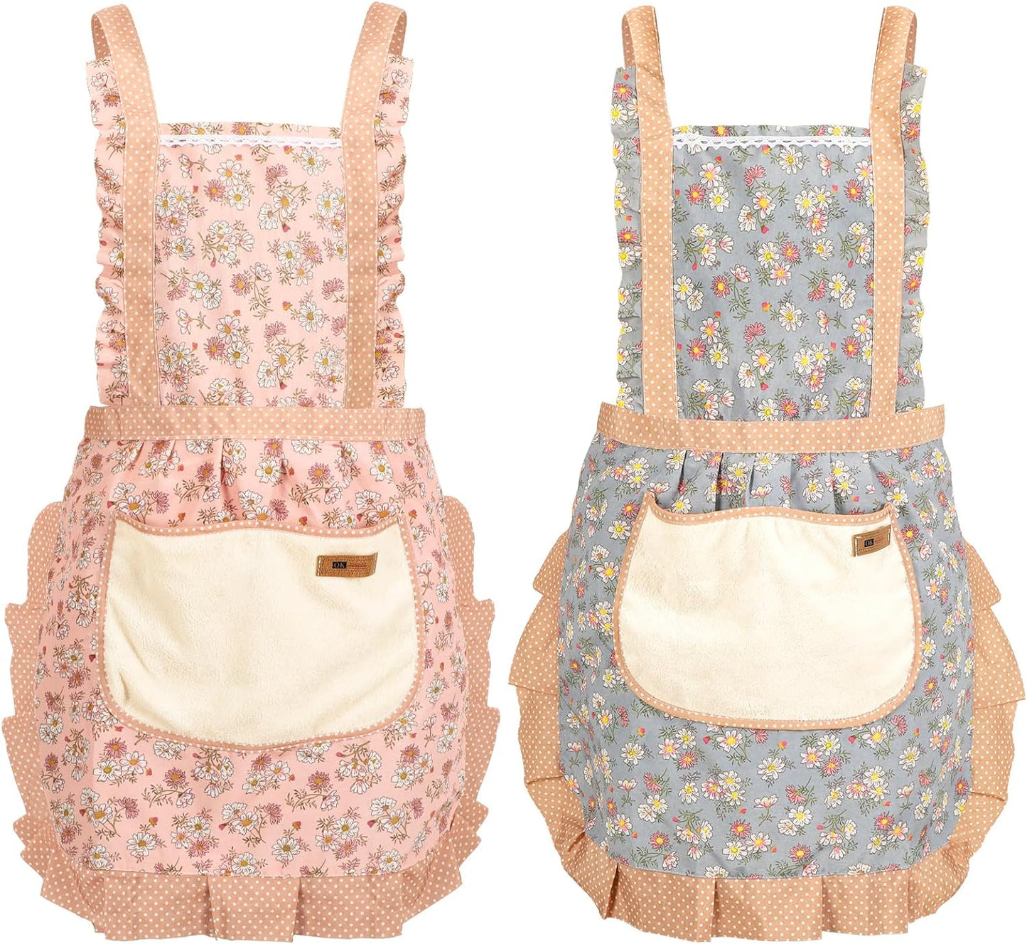 2Pcs Women Aprons with Pockets, Girls Floral Apron with Big Pocket Baking Soft Chef Aprons for Kitchen Cooking Baking