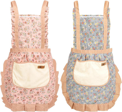 2Pcs Women Aprons with Pockets, Girls Floral Apron with Big Pocket Baking Soft Chef Aprons for Kitchen Cooking Baking