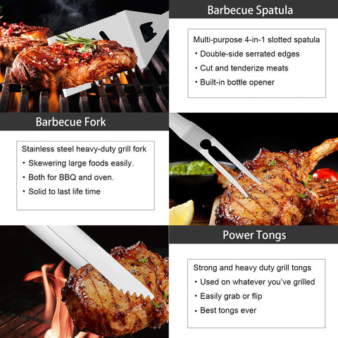 Image of 30Pcs BBQ Grill Tool Set for Men Dad, Heavy Duty Stainless Steel Grill Utensils Set, Non-Slip Grilling Accessories Kit with Thermometer, Mats in Aluminum Case for Travel, Outdoor Brown