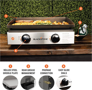 22" Tabletop Grill without Hood- Propane Fuelled – 22 Inch Portable Gas Griddle with 2 Burners - Rear Grease Trap for Kitchen, Outdoor, Camping, Tailgating or Picnicking (1666)