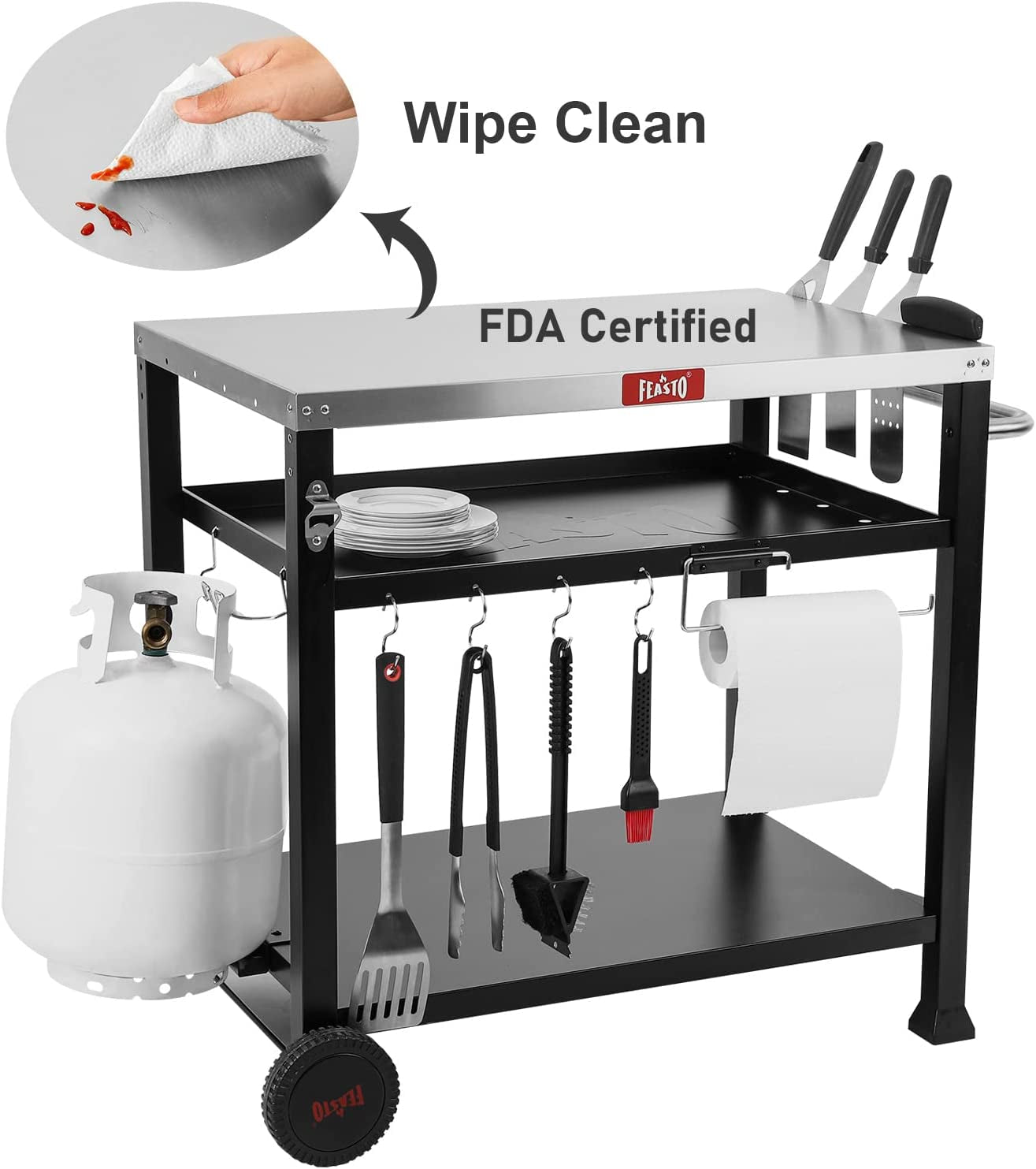 3-Shelf Movable Food Prep and Pizza Oven Table, BBQ Grilling Table, Home & Outdoor Multifunctional Stainless Steel Table Top Worktable on 2 Wheels, L39.5 X W25.6 X H33