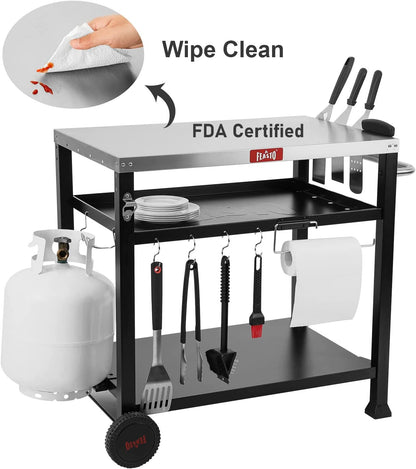 3-Shelf Movable Food Prep and Pizza Oven Table, BBQ Grilling Table, Home & Outdoor Multifunctional Stainless Steel Table Top Worktable on 2 Wheels, L39.5 X W25.6 X H33