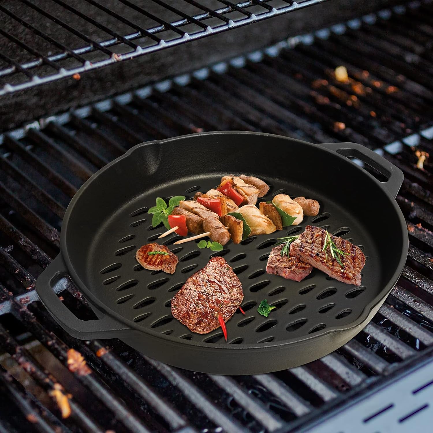 MOASKER 12" Cast Iron round Grill Basket for Veggie Meat Fish, Dual Handle BBQ Grill Topper for Outdoor Grill, Fit for Any Charcoal Smoker & Gas Grills, Nonstick Pan Tray